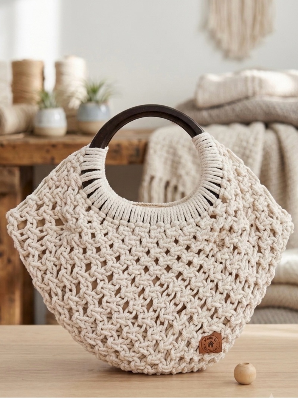 Handmade Macramé Tote with Dark Wood Handles & Organizer Insert - Picture 2 of 6